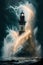 Closeup of A weathered Lighthouse, A massive splash, an explosion of water, a violent sea, lightning, dramatic lighting
