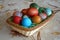 Closeup of a weave basket with multicolored dyed eggs for the traditional Easter celebration in Bulgaria