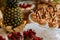 Closeup of a wedding candybar with cakes and fruits