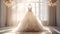 Closeup wedding dress in bridal room background. Banner. Front view of stylish dress for wedding day. Beautiful clothes for bride