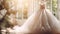 Closeup wedding dress in bridal room background. Banner. Front view of stylish dress for wedding day. Beautiful clothes for bride