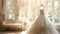 Closeup wedding dress in bridal room background. Banner. Front view of stylish dress for wedding day. Beautiful clothes for bride