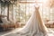 Closeup wedding dress in bridal room background. Banner. Front view of stylish dress for wedding day. Beautiful clothes for bride