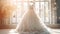 Closeup wedding dress in bridal room background. Banner. Front view of stylish dress for wedding day. Beautiful clothes for bride