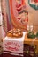 Closeup wedding loaf with flowers on a table. Wedding bread.