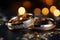 Closeup of wedding rings with silver and gold on glittering bokeh