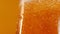 Closeup wet lager glass with golden refreshing beer pouring inside with bubbles. Tasty cold beverage advertisement close