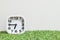 Closeup white clock for decorate show a quarter to seven or 6:45 a.m. on green artificial grass floor and cream wallpaper textured
