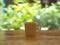 Closeup White Cofee Cup on the wooden table with a green leaf bokeh.