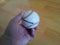 Closeup and of a white cricket hard ball in hand