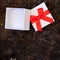 Closeup, white gift box with red ribbon on rusty table