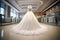 Closeup white wedding dress in bridal salon room background. Banner. Front view of stylish dress for wedding day. Beautiful