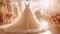 Closeup white wedding dress in bridal salon room background. Banner. Front view of stylish dress for wedding day. Beautiful