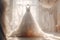 Closeup white wedding dress in bridal salon room background. Banner. Front view of stylish dress for wedding day. Beautiful