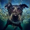 Closeup wide angle underwater photo upshot of a black dog underwater