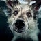 Closeup wide angle underwater photo upshot of a shaggy dog underwater