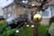 Closeup wide shot of a small christmas ornament hung on a tree on the street in front of a family house. Residents of Cambridge