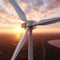 Closeup of wind mill turbine aerial view at sunset. Created with generative AI