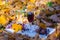 Closeup wine glass stay among vine and dry leaves