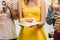 Closeup woman with birthday cake in the party around with friends clap her birthday celebration song