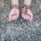 Closeup woman with chained hands and padlock