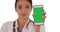 Closeup of woman doctor holding up smartphone with greenscreen