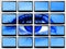 Closeup Woman Eye on video wall of multiscreen flat tv techonology concept of blue filter for health