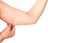 Closeup woman hand checking upper arm on white background health