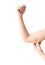 Closeup woman hand checking upper arm on white background health