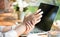 Closeup woman holding her wrist pain from using computer. Office syndrome hand pain by occupational disease