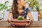 Closeup of a woman holding a pot of cactus in the terrace