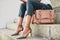 Closeup, woman and legs with shoe for fashion for career in business, law or marketing in city. Person, lawyer or