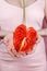 Closeup of woman in pastel pink dress holding bright red bloom peace lilly