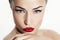 Closeup woman portrait with red lips and black eyeliner