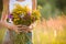 Closeup of woman\'s hands holding beautiful bunch of wild flowers on a sunny summer day. Girl with bouquet
