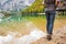 Closeup on woman walking on lake braies in italy