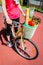 Closeup of woman winth groceries in a basket bike