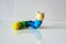 Closeup of wood, colorful, kids, toy caterpillar on the white ba