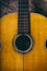 Closeup of wooden acoustic guitar from above