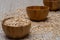 Closeup of a wooden bowl of oats