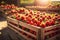 closeup Wooden crates full of strawberries. ai generative