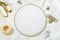 Closeup of wooden embroidery frames, scissors, threads, thimbles, needles, and clean white fabric for embroidering.Empty space for