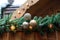 Closeup of wooden roofs of buildings decorated with Christmas ornaments