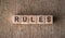 Closeup of word on wooden cube on desk background concept - Rules
