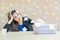 Closeup working woman are boring from pile of hard work and work paper in front of her in work concept on blurred wooden desk and