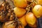 Closeup of yellow coconuts For Sell On Street