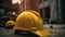 A closeup of yellow construction helmet, A beautiful construction yard in the background. Generative AI