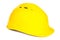 Closeup of yellow protective helmet on white background