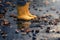 Closeup on yellow rubber boots of a child in a puddle after a rain on a stormy autumn day