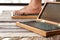 Closeup of yoga man stand on sadhu board with sharp nails